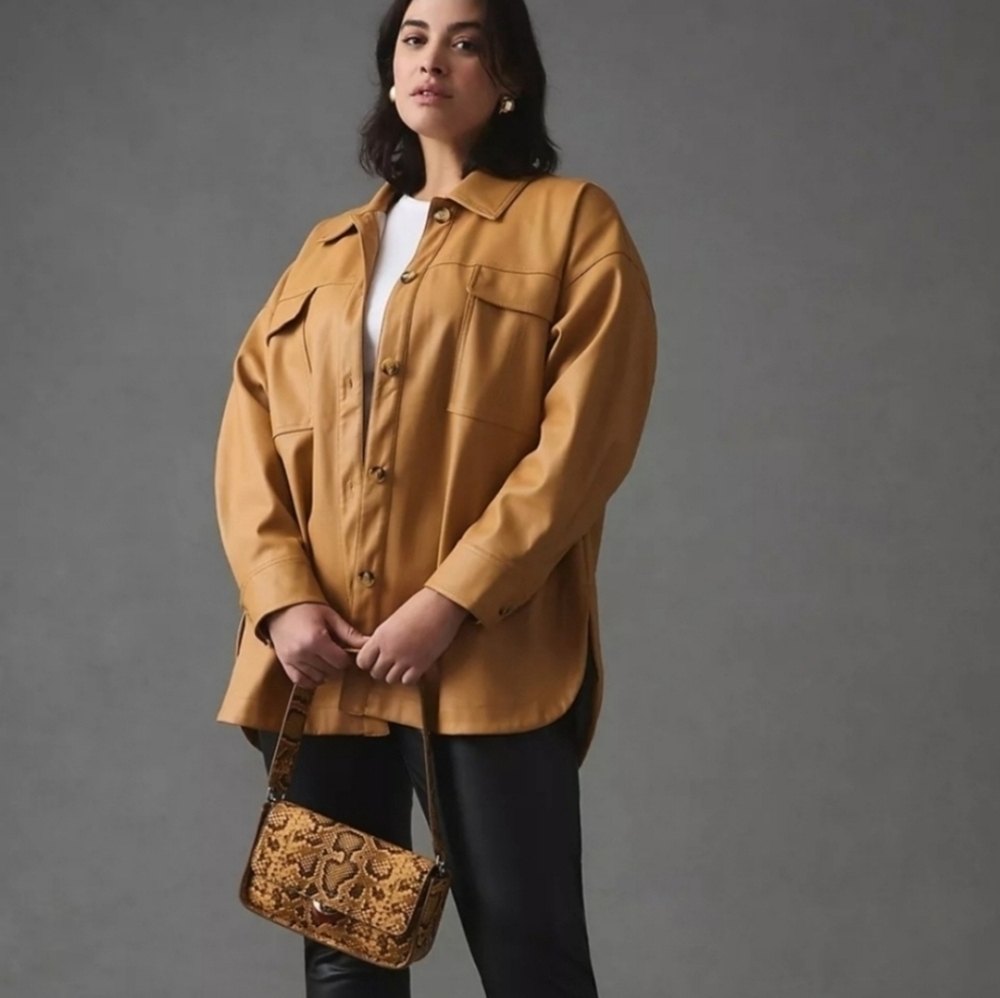Anthropologie Maeve Faux Leather Shacket Camel Tan Button Front Jacket NWT Large - Picture 3 of 16